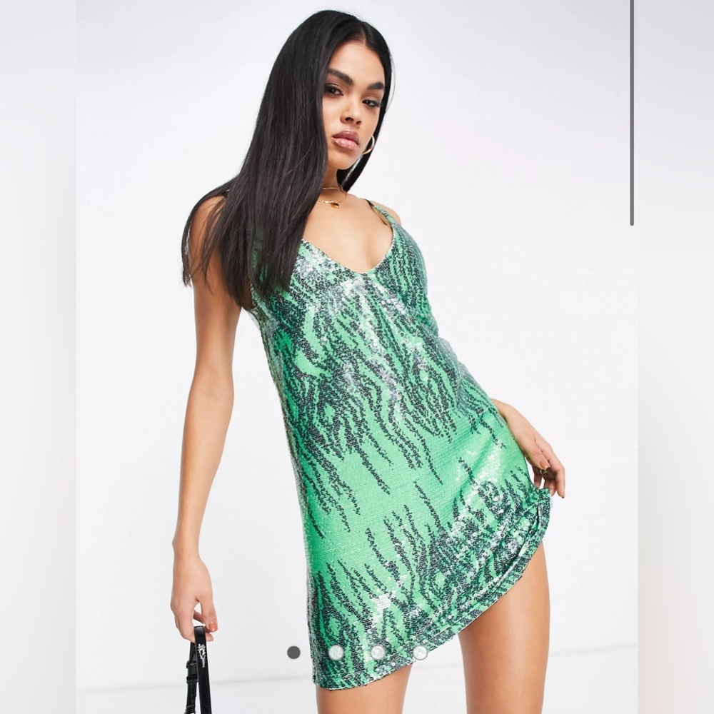 ASOS DESIGN mini cami dress in green zebra sequin Size US 2